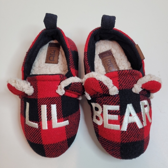 DF by Dearfoams Lil Bear Faux Fur Plaid Unisex Slippers Size 9-10 Toddler - Picture 1 of 9